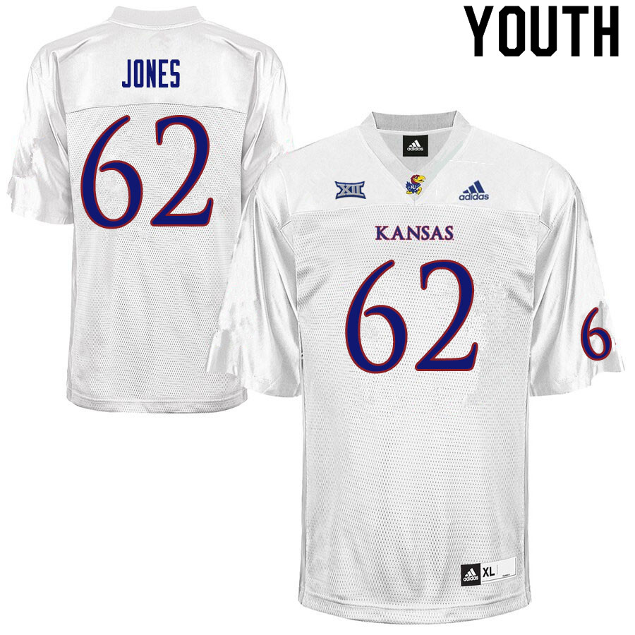 Youth #62 Garrett Jones Kansas Jayhawks College Football Jerseys Sale-White - Click Image to Close
